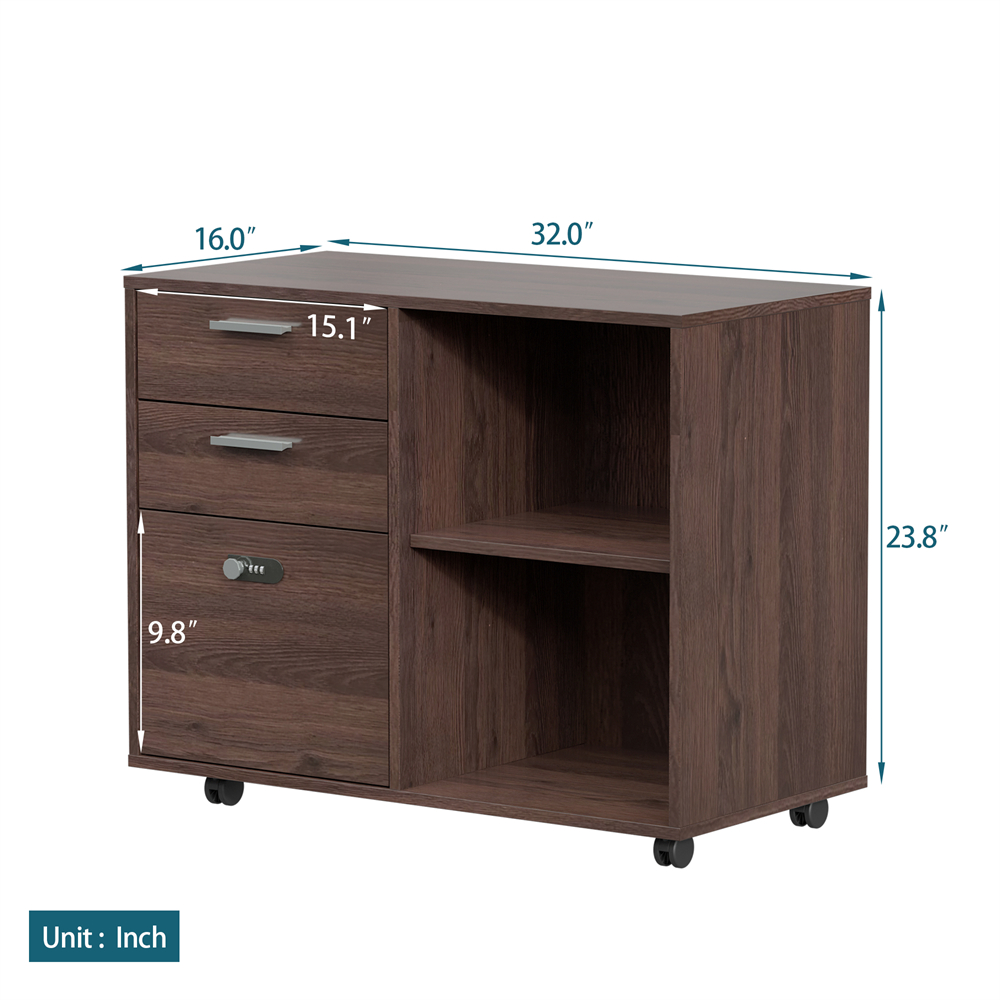 Wooden Home Office Pulley Movable File Cabinets with Password Lock, File Cabinet with Open Storage Shelves and Two Drawers, Low cabinet with 5 Universal Wheels, Easy to Assemble, Brown Oak - image 4 of 7