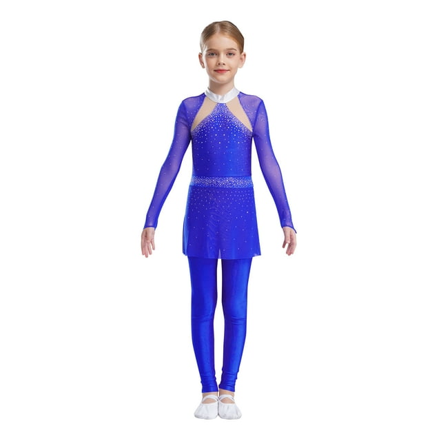 dPois Combinaison de Danse Intégrale pour Filles avec Strass Manches Longues Patinage Combinaison Extensible Bleu 14