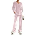 thumbnail image 2 of QATAINLAV Pink Womens Fleece Pajama Set Casual V Neck Long Sleeve Pullover and Wide Leg Lounge Pants 2 Piece Sets Sleepwear, 2 of 9