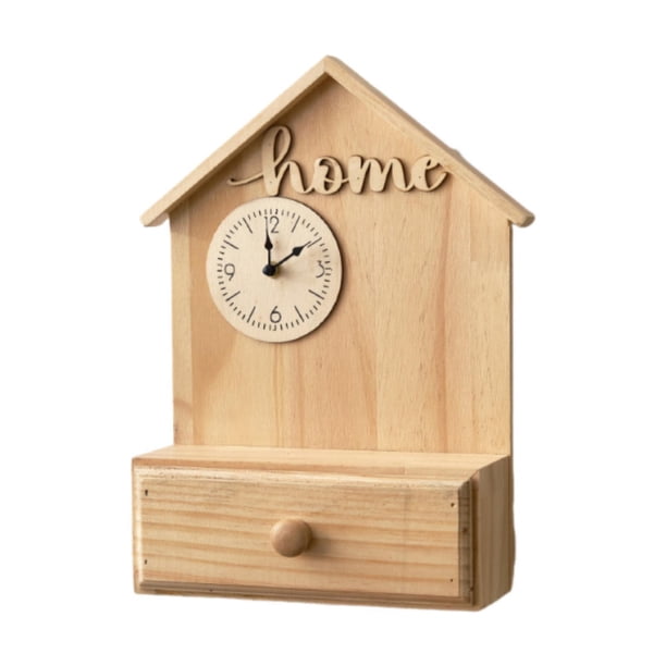 Reloj de pared con cajón de almacenamiento, novedoso y moderno estante de exhibición de madera montado en la pared. Caqui
