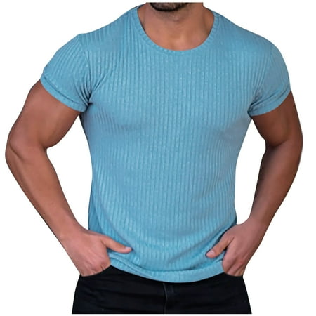 Lmnyox Athletic T Shirt Men's Ribbed Stretchy Short Sleeve Muscle Tops Crew Neck Summer Workout Sport Tee