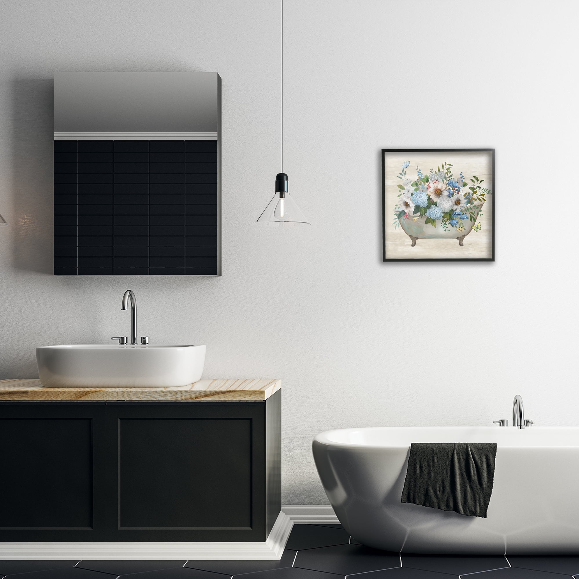 Stupell Industries Floral Bouquet Bathtub Typography Painting Black Framed Art Print Wall Art, 17 x 17