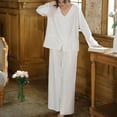 thumbnail image 2 of Previn Women's Cotton Pajama Set Soft Lace V Neck Button Down 2 Piece Long Sleeve Shirt Pants Wide Leg Ruffle Frilly Hem Pjs Flowy Spring Fall Sleepwear Drawstring Lounge Set White Large, 2 of 4