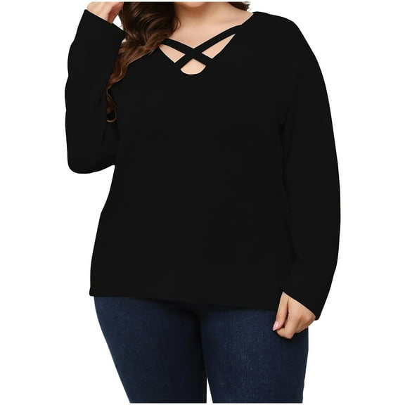 Plus Size Tops for Women Trendy Cross V Neck Long Sleeve T Shirts Solid Casual Loose Comfy Ladies Fall Blouse Tees Black