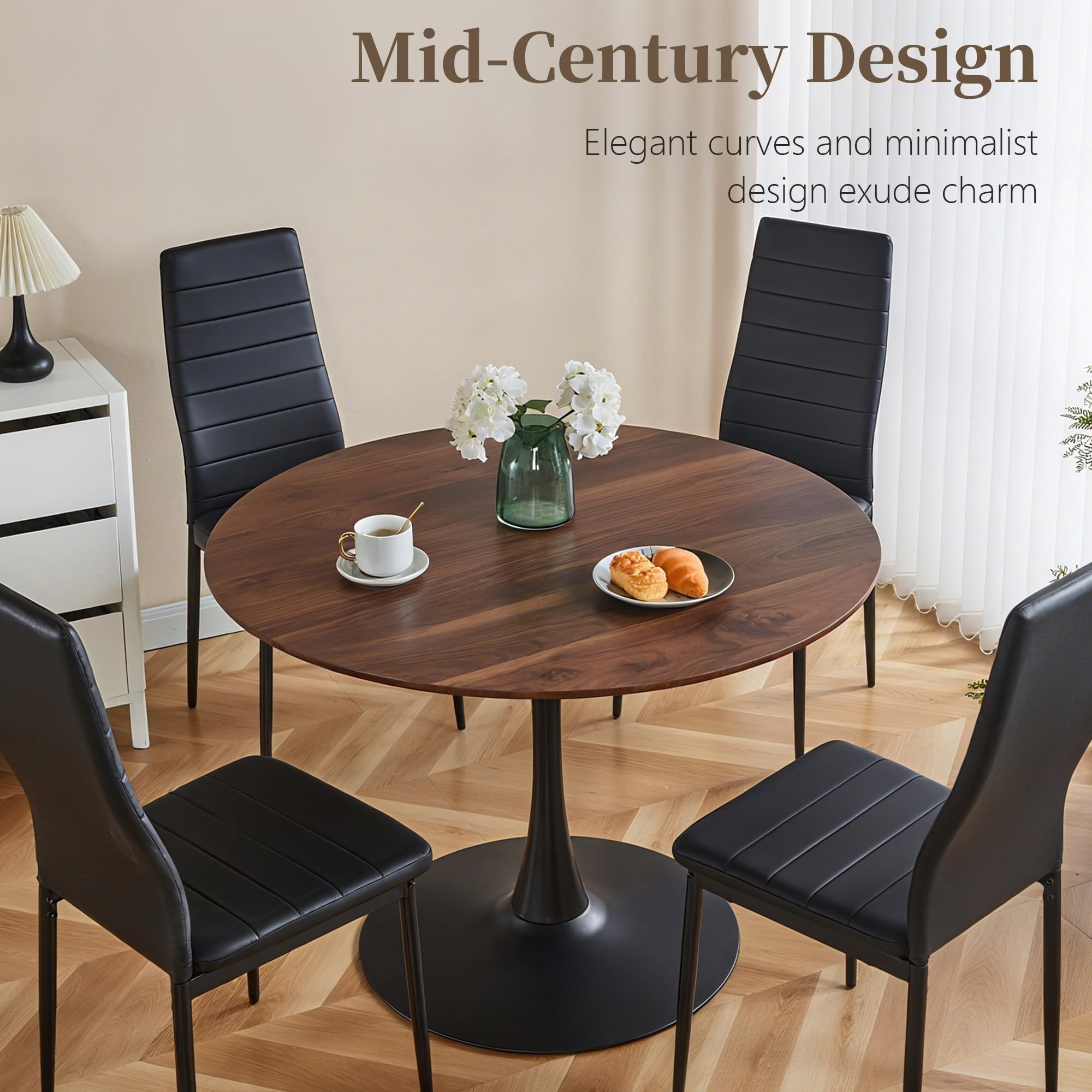Miniyam 42" Round Pedestal Dining Table for 4-6, Small Kitchen Table with Wood Top, Walnut