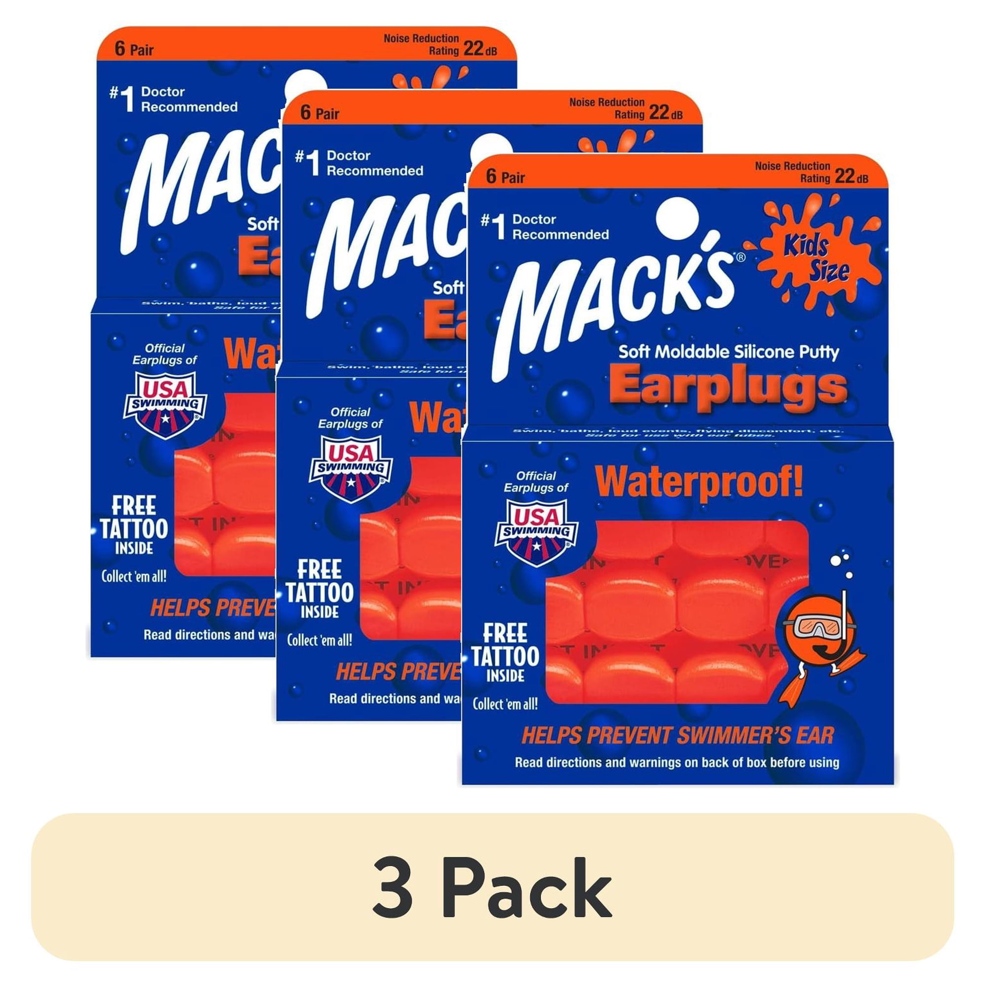 (3 pack) Mack's Soft Moldable Silicone Putty Ear Plugs - Kids Size, 6 Pair - Comfortable Small Earplugs for Swimming, Bathing, Travel, Loud Events and Flying