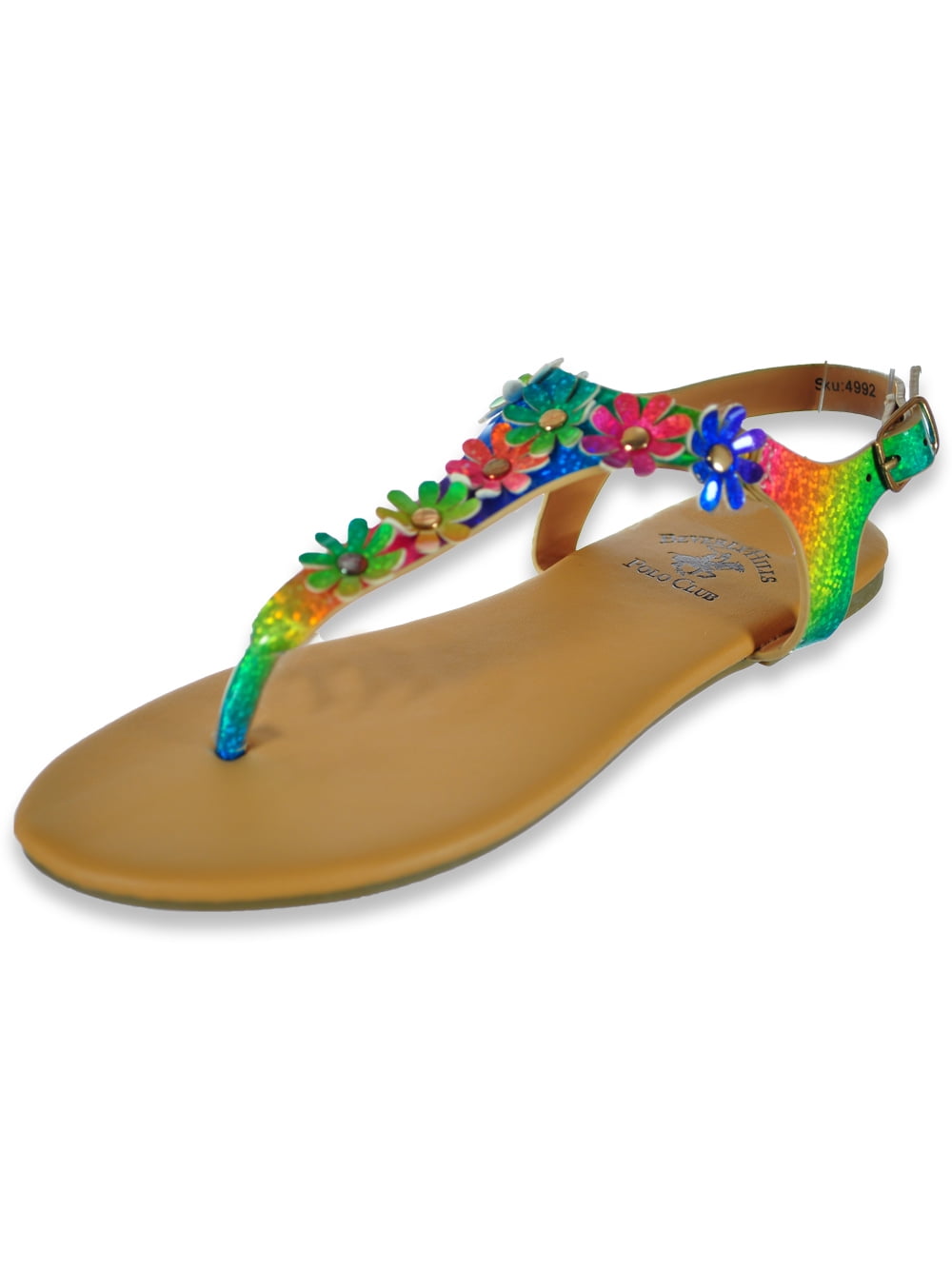 Beverly Hills Polo Club Girls' Rainbow TStrap Sandals multi, 7