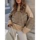 thumbnail image 4 of Suéter Informal de Punto Afelpado de Larga Extragrande para Mujer, Ropa de Otoño Camello con Rayas Negras S, 4 of 8