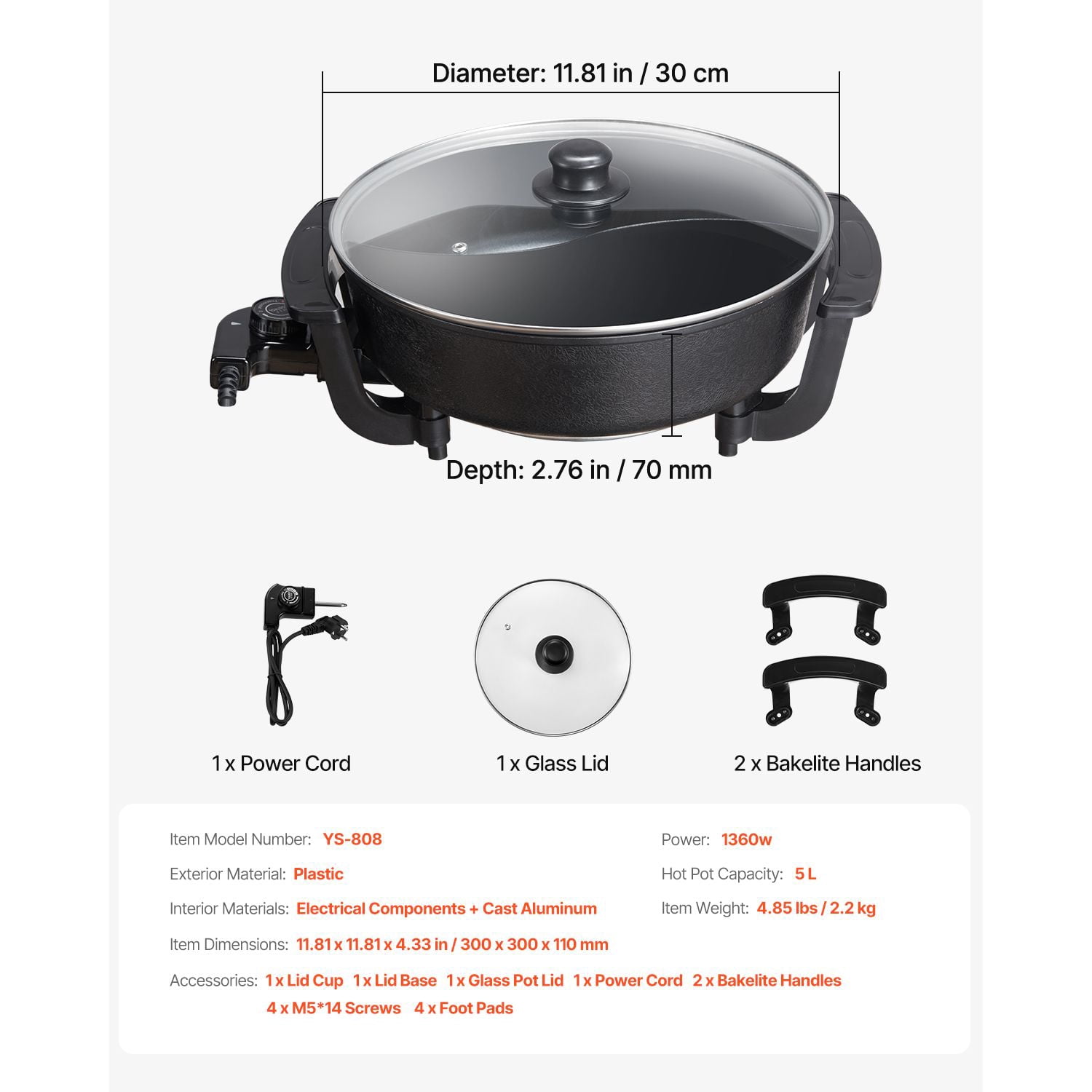 5L Dual-Flavor Electric Hot Pot, 1360W, Stepless Temperature Control, Non-Stick Cast Aluminum, Divided Cooker with Glass Lid, for 6-10 People, Home Hot Pot & Grilling