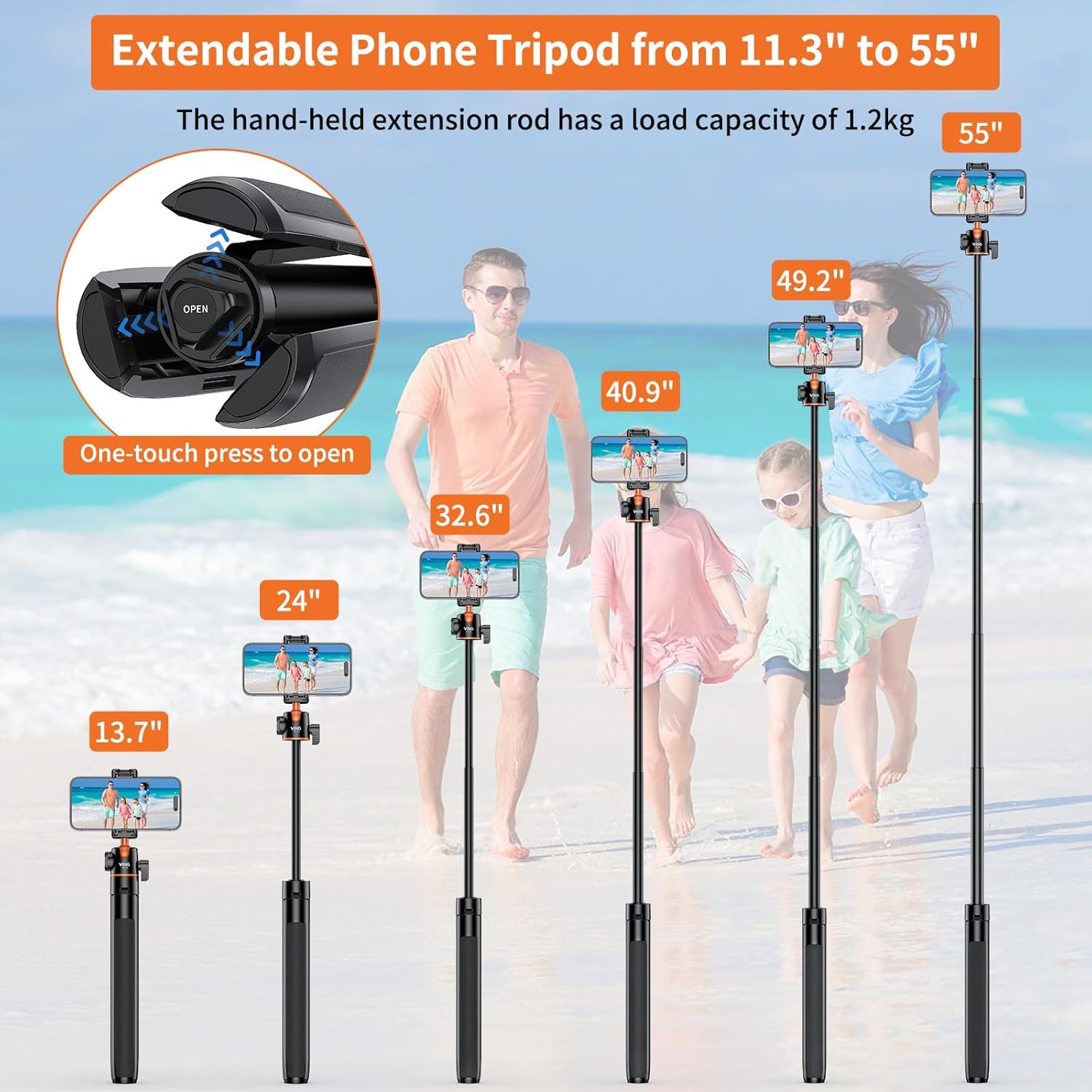 NEOYFC  55" Selfie Stick Tripod with Hidden Phone Holder, TP-16 Extendable Camera Stand with 360° Ball Head & Rotatable Cold Shoe, for iPhone, Mirrorless Camera, Action Cameras