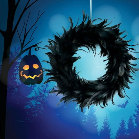 Loyerfyivos Halloween Decorations with Feather Wreath Full Black,13.78 Inch Halloween Wreaths for Front Door, Halloween Wreath for Decorate The Front Door Or Home, Decorate The Festival