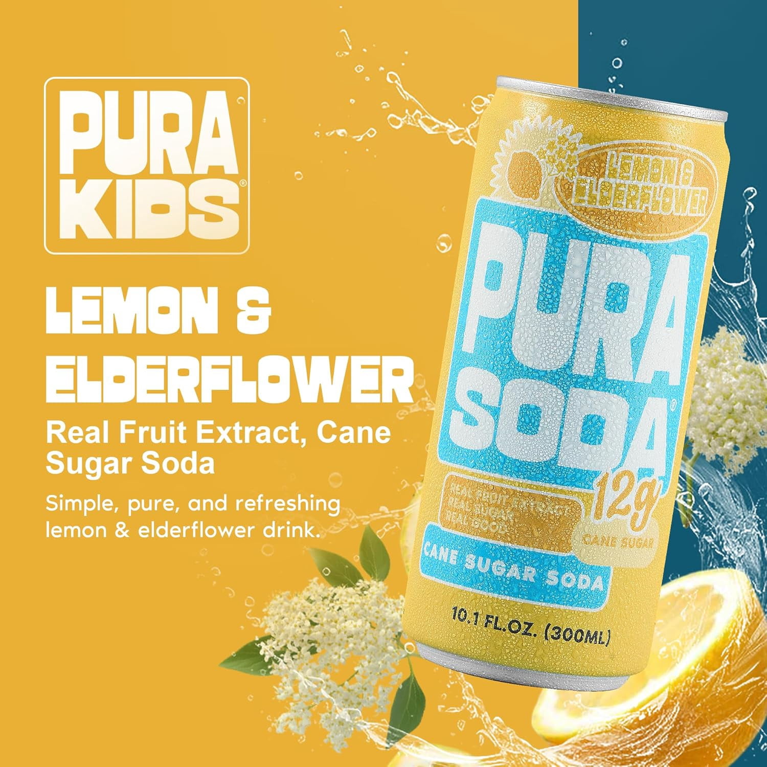 PuraSoda® Lemon & Elderflower | Low-Calorie, Cane Sugar Soda Beverage | Non-GMO, Vegan | Made with Pure Cane Sugar, No Preservatives | 10.1 fl oz (300ml) Cans, 24-Pack