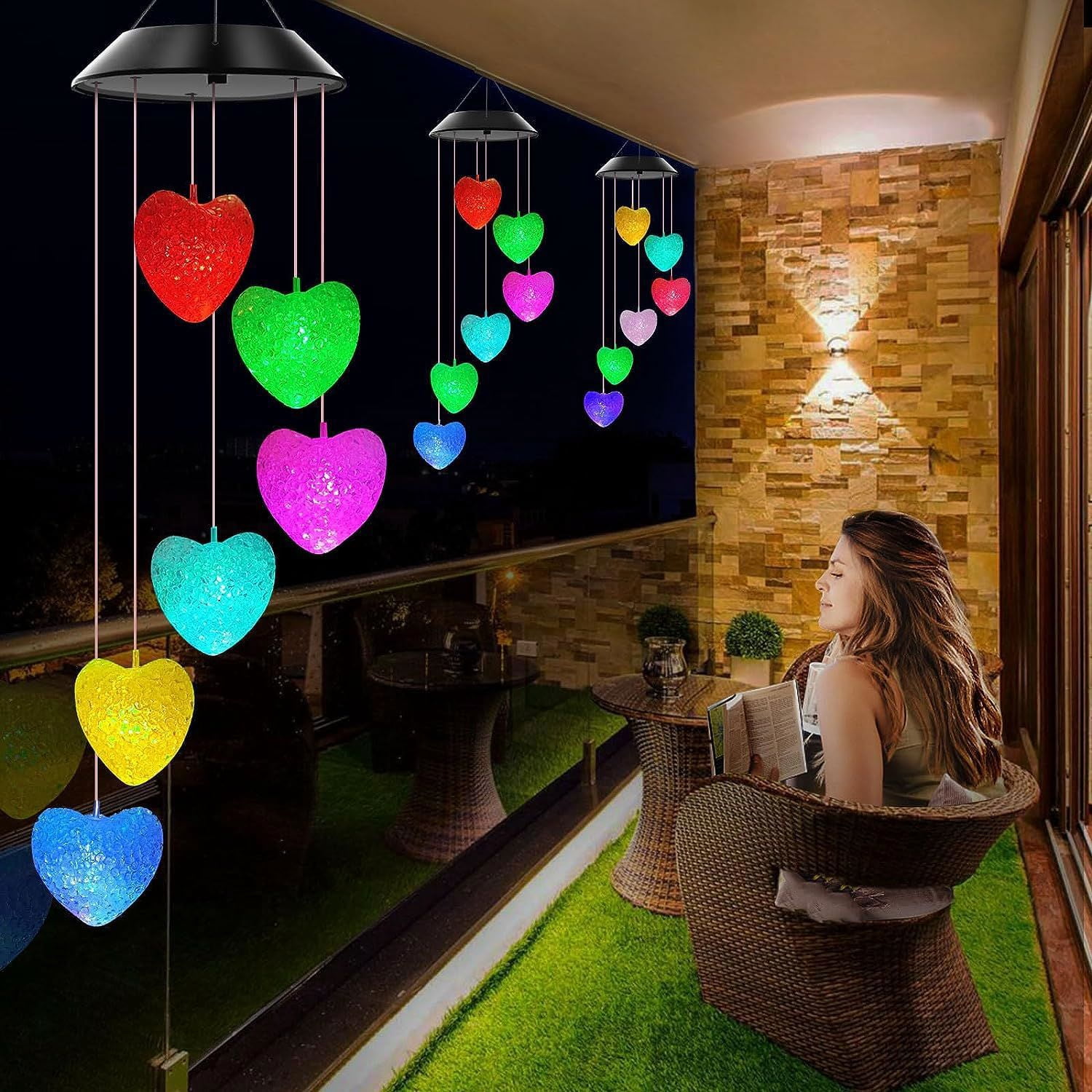 Cfowner Solar Heart Wind Chimes Outdoor, LED Solar Wind Chimes Color Changing Mobile Wind Chime Waterproof Solar Lights,Outdoor Valentines Decorations,Valentine Lights Outdoor