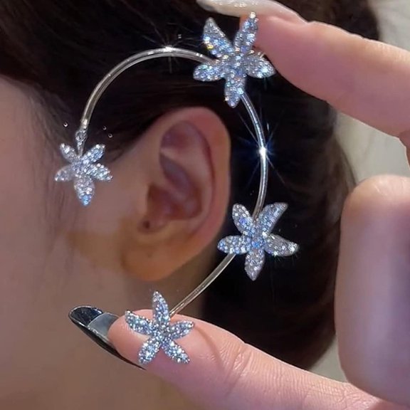 Vintage Crystal Butterfly Flower Ear Cuffs 2Pcs Non-Pierced Sparkling Iced Out Rhinestone Butterfly Cartilage Climber Ear Wrap Prom Party Festival Ear Jewelry For Women (Silver Flower)[Z5087]