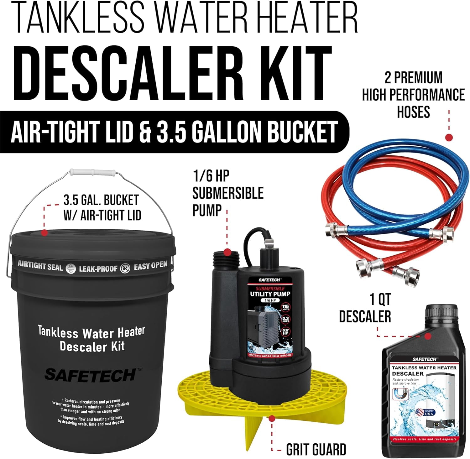 Safetech Tankless Water Heater Flushing Kit, 1/6 HP Utility Pump with Screw-Top Lid Bucket, Premium Braided Hoses & Quart Descaler Solution