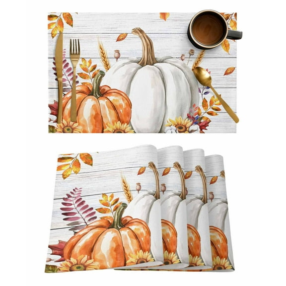 Placemats Set of 1 Thanksgiving Pumpkin Sunflower Bird Leaf Wood Grain Heat Insulation Washable Place Mats, Rustic Non-Slip Table Mats for Dining Table Party Kitchen Decor,13x19 Inch