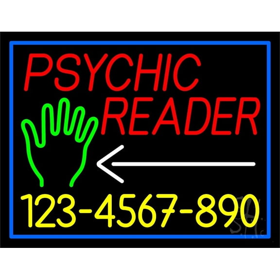Red Psychic Reader With Yellow Phone Number With Blue Border LED Neon Sign 15" Tall x 19" Wide - inches Black Square Cut Acrylic Backing, with Dimmer - Premium built indoor Sign for Storefront.