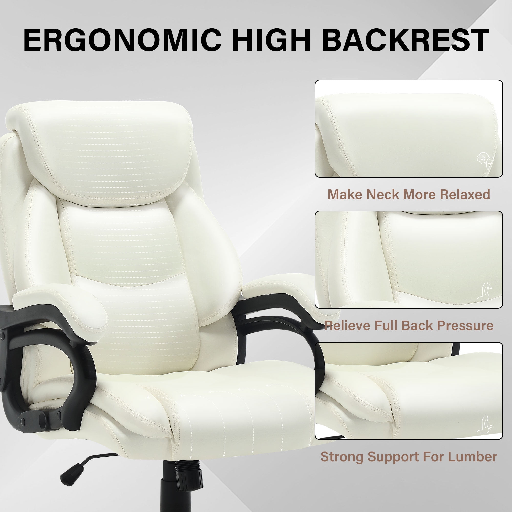 JONPONY Big and Tall Office Chair 500LBS Wide Seat Ergonomic Computer Desk Chair High Back Executive Leather Chair Adjustable Task Chair Lumbar Back Support 8 Hours Heavy Duty Design,White