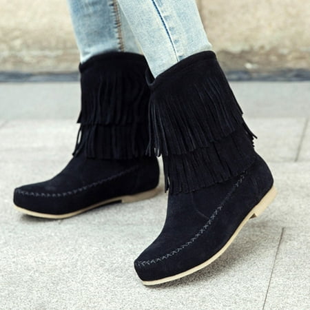 

FZM Women shoes cowboy boots Ankle Autumn Fashion Flat Thigh Boots Soft Warm Fringe Woman Winter Shoes Women s Boots