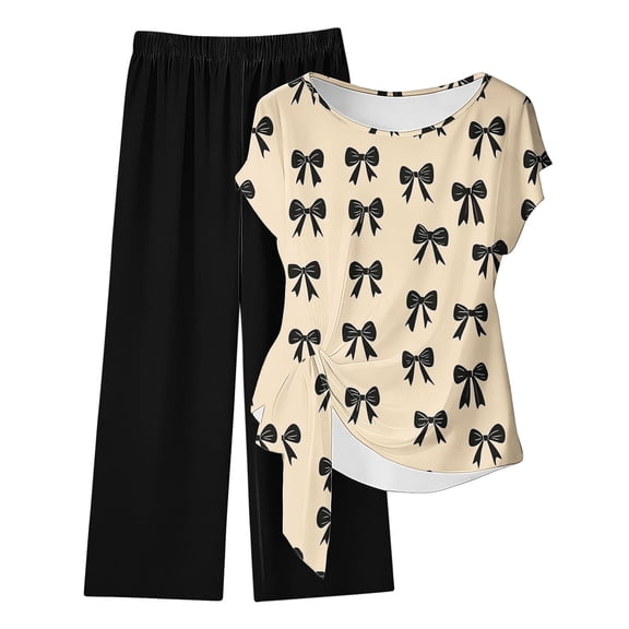 Levmjia Two Piece Outfit For Women Casual Printed Short Sleeve Top Pants With Straps Soft Polyester Sleepwear Set Comfortable Home Relaxation
