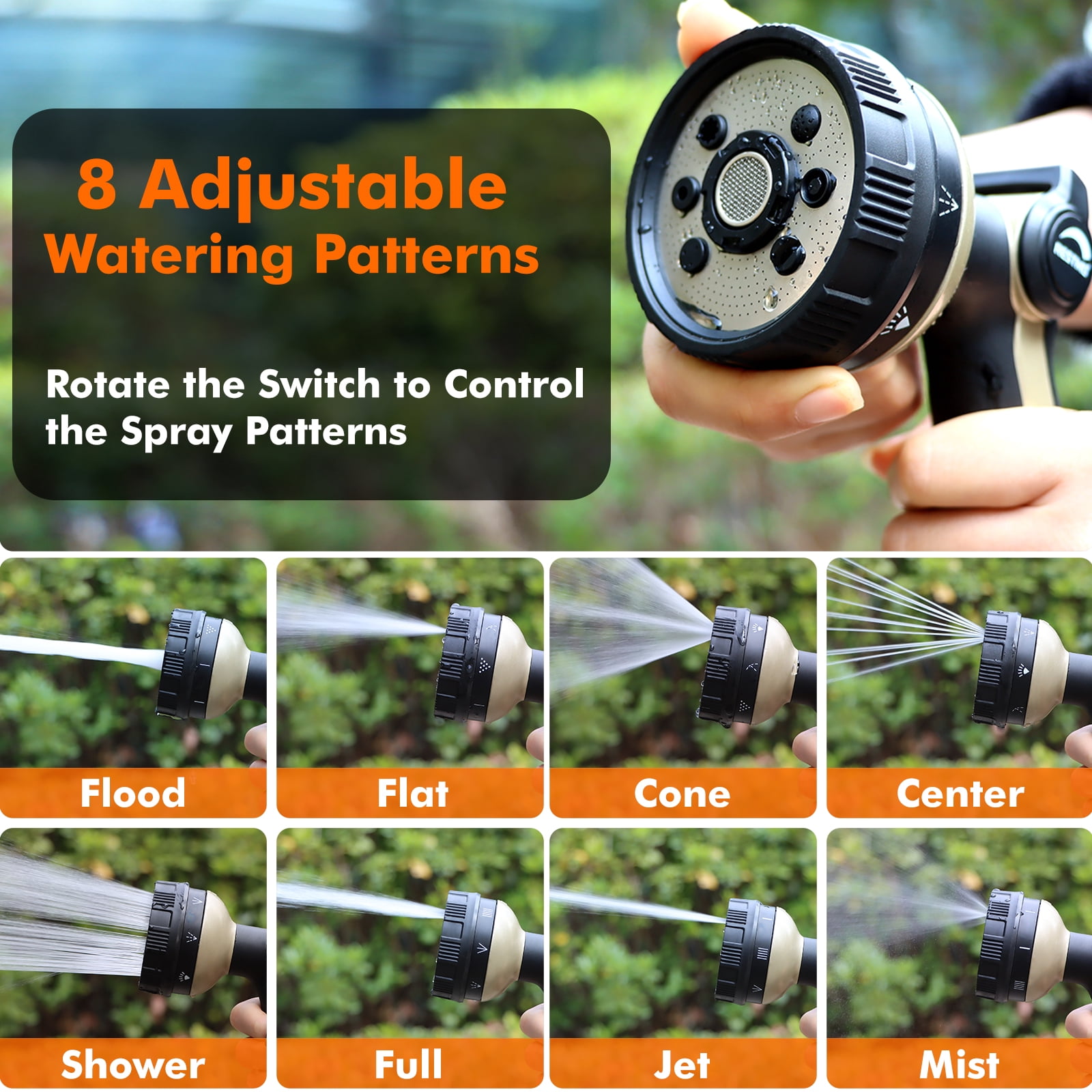 Restmo Full Shower Garden Hose Nozzle, 8 Spray Patterns with Thumb Control, Heavy Duty Nozzle Ideal for Outdoor Lawn &  Plant Watering, Car & Pet