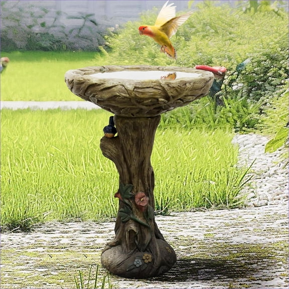 Bird Baths | Rustic Tan Brown Wood Look 25.5" Tall Outdoor Bird Bath for Garden Patio Yard | Concrete Cement | Single Tier Pedestal