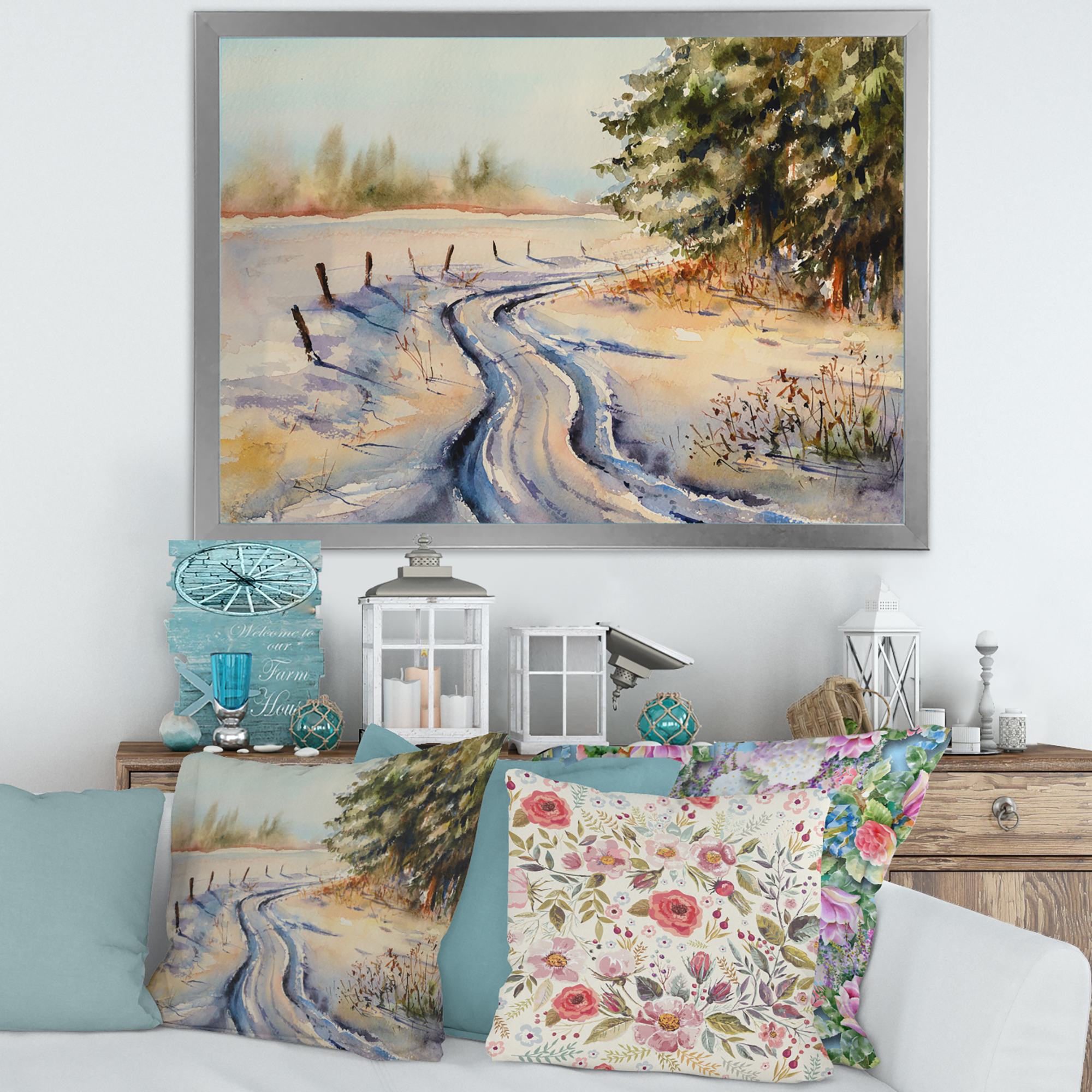 Designart 'Snowy Winter Forest Landscape Rural Road In Snow' Traditional Framed Art Print