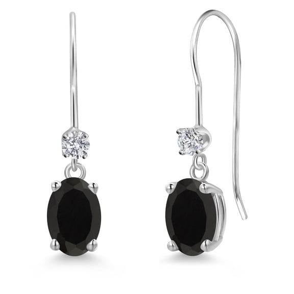 Gem Stone King 14K White Gold Black Onyx and Lab Grown Diamond Earrings for Women | 1.53 Cttw | Gemstone December Birthstone | Oval 7X5MM