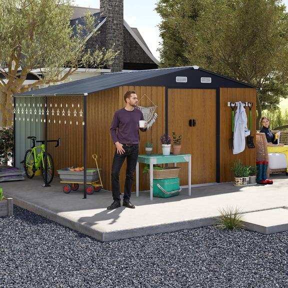 2-in-1 Outdoor Storage Shed,10x12 Ft Large Metal House w/ Lockable Doors,Windows