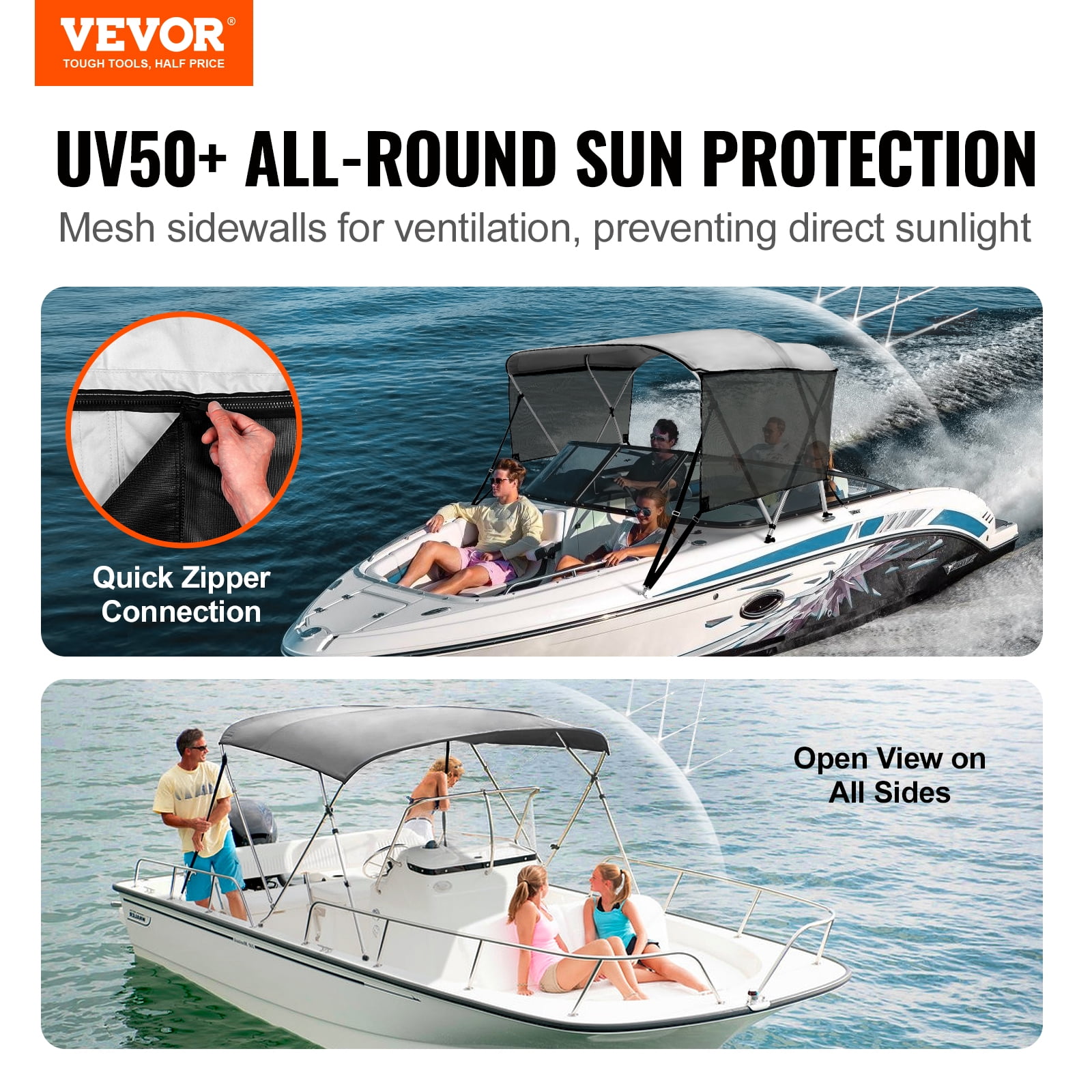 KFFKFF 3 Bow Bimini Top Boat Cover Detachable Mesh Sides 600D with Frame 67"-72"W