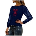 thumbnail image 6 of Tbopshirt Womens Blouses Long Sleeve Round Neck Sheer Mesh Panel Sequin Print Casual Valentine's Day Graphic Tops Navy,S, 6 of 7
