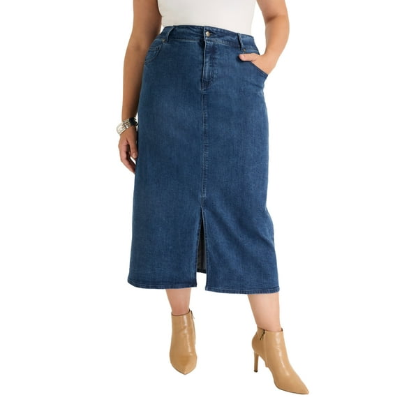 June & Vie Women's Plus Size Front-Slit Denim Midi Skirt
