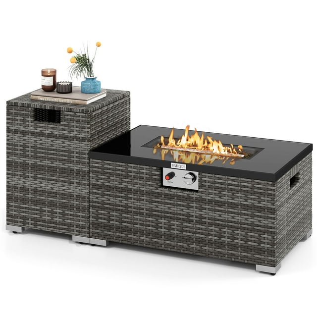 Gymax Ensemble de 2 Tables de Feu d'Extérieur en Rotin avec Couvercle de Réservoir, Dessus de Table en Verre Trempé, Gris