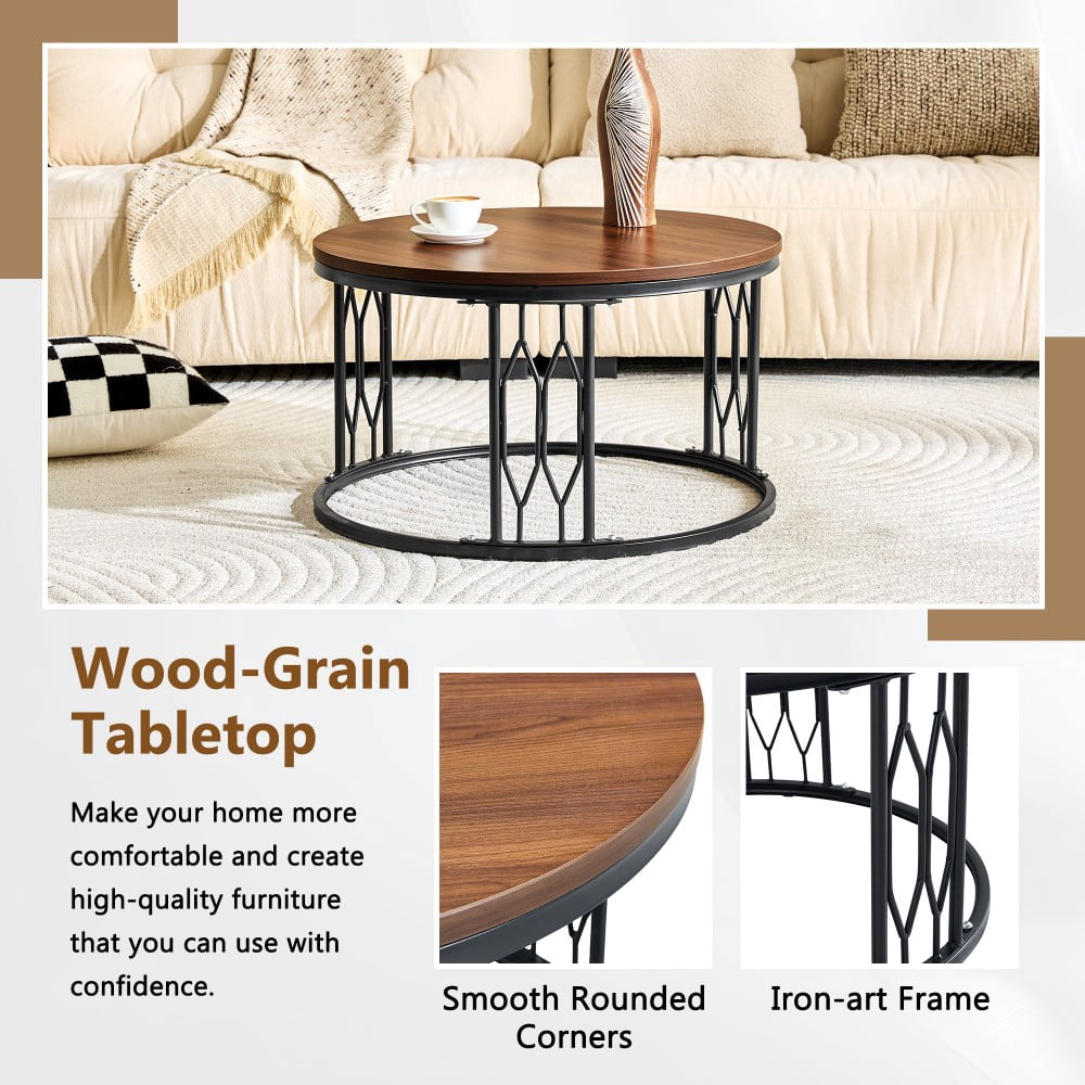 Round Coffee Table, 27.5" Coffee Table with Stone-Effect Travertine Top, Metal Frame, Modern Living Room Table, Walnut