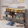 thumbnail image 4 of Twin Size Platform Bed Frame with LED Light and Charging Station,Velvet Upholstered Headboard with Hidden Storage,with 2 Drawers & Storage Shelves,Grey, 4 of 9