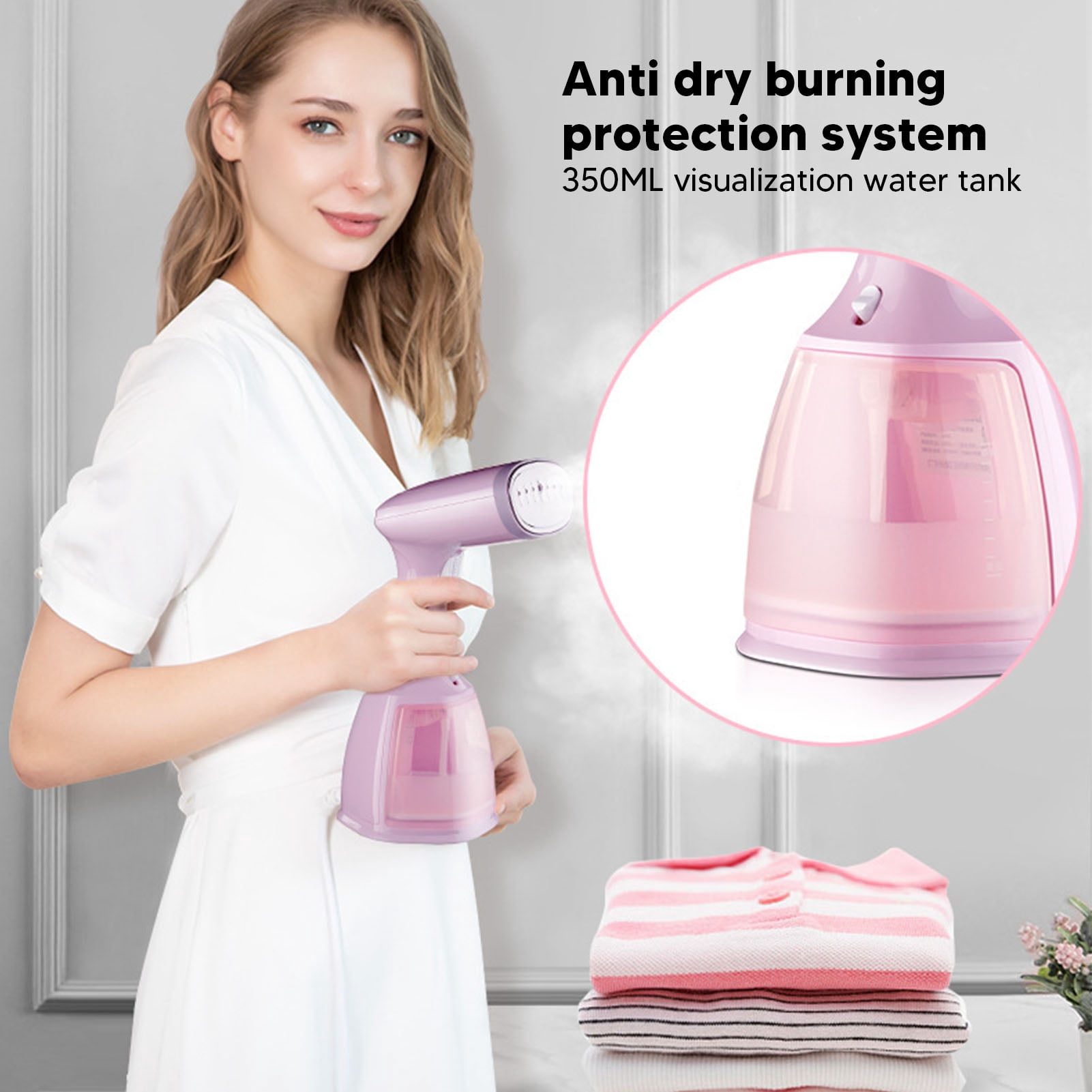 YAHHU Handheld Portable Steam Iron for Clothes, 110V Travel Garment Steamer with Brush, Pink (12.6 inches / 32 cm)