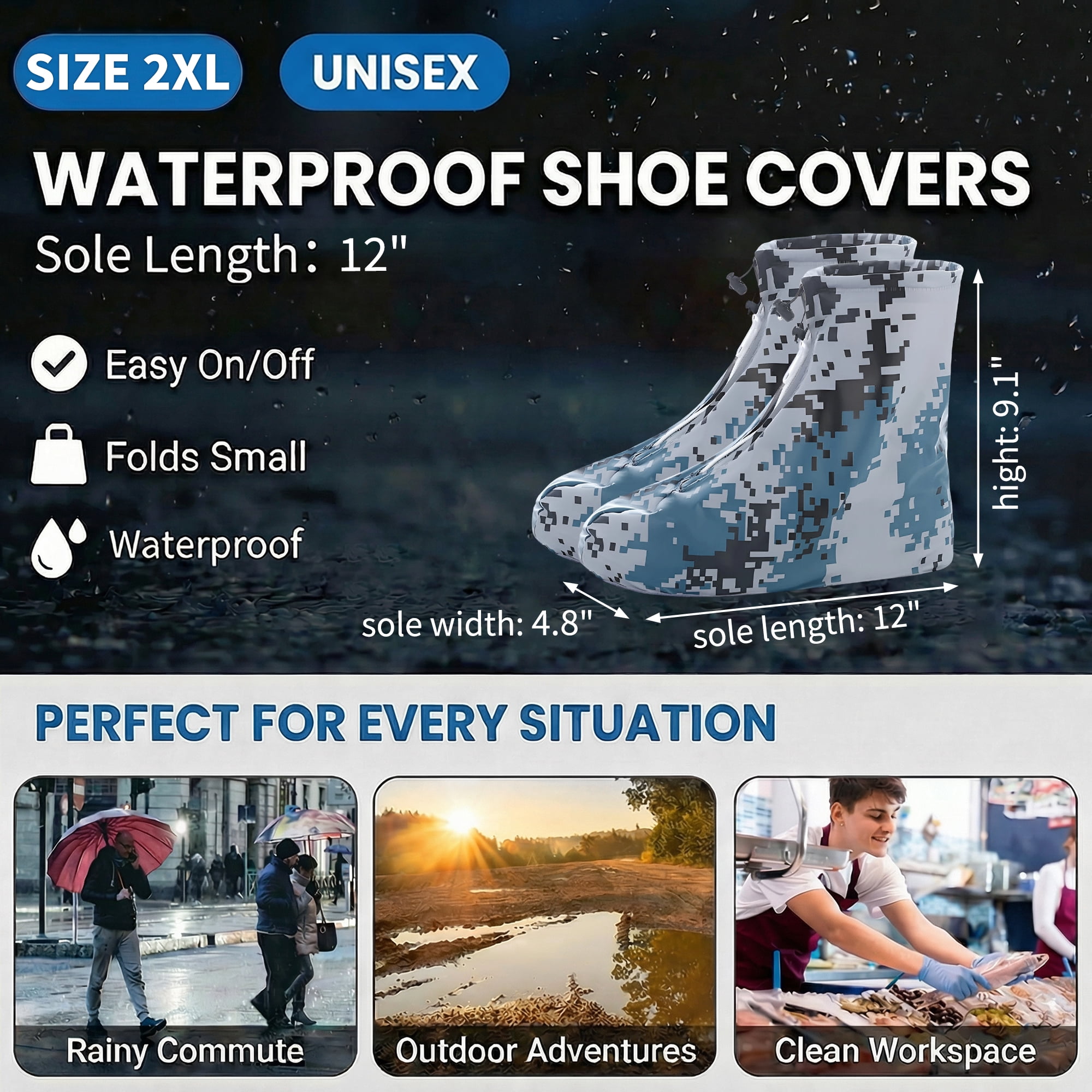 Unique Bargains Waterproof Shoe Covers Reusable Overshoes Blue XXL