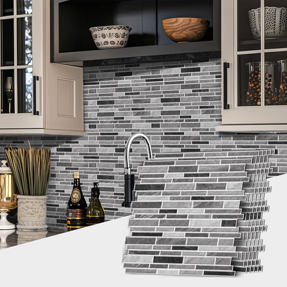 6 Pcs Self Adhesive 3D Tiles Stickers Wall Decals 12" x 12" Gray Mosaic Marbling Waterproof Peel and Stick Kitchen Backsplash Wallpaper
