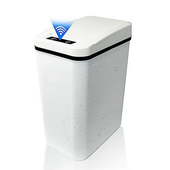 Automatic Touchless Bathroom Trash Can with Lid White Slim Narrow Plastic Smart Motion Sensor Covered Garbage Can