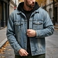thumbnail image 2 of Jerdar Men's Faux Two Piece Hooded Denim Trucker Jacket Lapel Collar Button Flap Pockets Washed Long Sleeve Loose Fit Vintage Casual Fall Winter Streetwear Jean Outerwear Coat Top, 2 of 5