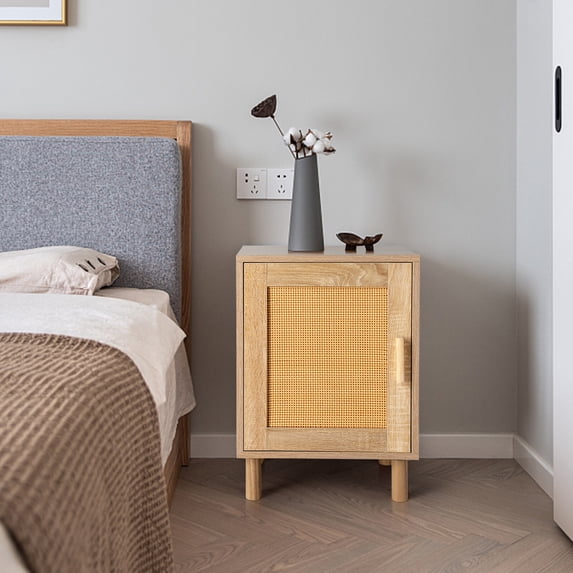 2pcs FCH 40*30*55cm Particleboard Rattan Single Door Bedside Cabinet Burlywood