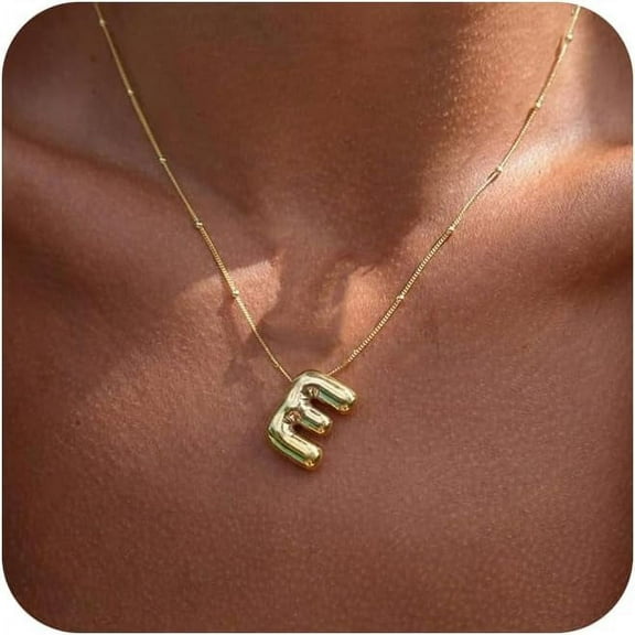 Gold Bubble Letter Necklace For Women, 14K Gold Plated Balloon Initial Letter Pendant Necklace Dainty Charm Initial Necklaces For Women Trendy Chunky Custom Name Necklace Gold Jewelry For Wo[Z1782]