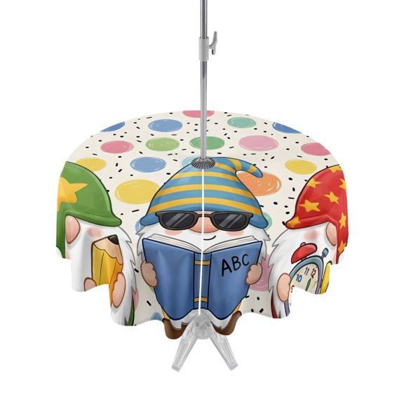 Outdoor Tablecloth with Umbrella Hole Zipper Colorful Dots Round Tablecloth 54" Waterproof Outside Table Cloth Vibrant Cute Gnomes Books Patio Table Cover Tablecloths for Picnic Party