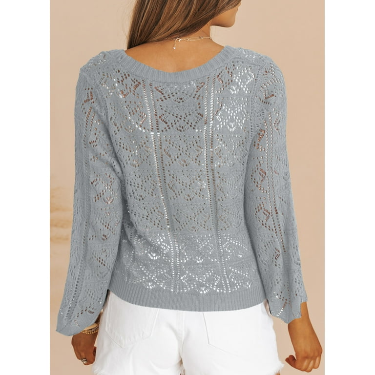 Eytino Cropped Cardigan Sweaters for Women Long Sleeve Crochet Knit Cardigan  Shrug Open Front V-Neck Button up Tops 