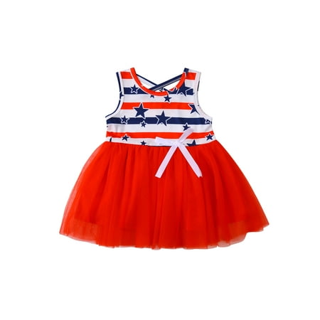

Afunbaby Baby Girls Independence Day Dress Sleeveless Star Stripe Print Round Neck Bowknot Tulle Tutu Dress