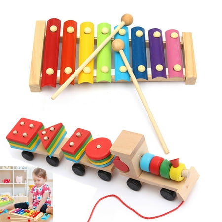 Xylophone Glockenspiels (Kids Baby Natural Wooden Hand Knock Piano Stacking Train Puzzles Educational Xylophone Musical Instrument Glockenspiel Toy Inspire Children's Talent Children Kids)