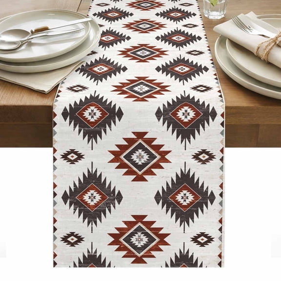 Red Aztec Table Runner - 36 Inch Long, Kitchen Dining Table Runner Dresser Scarves, Southwest Boho Abstract Geometric Aesthetic Farmhouse Decor for Coffee Tables Wedding Party Banquet