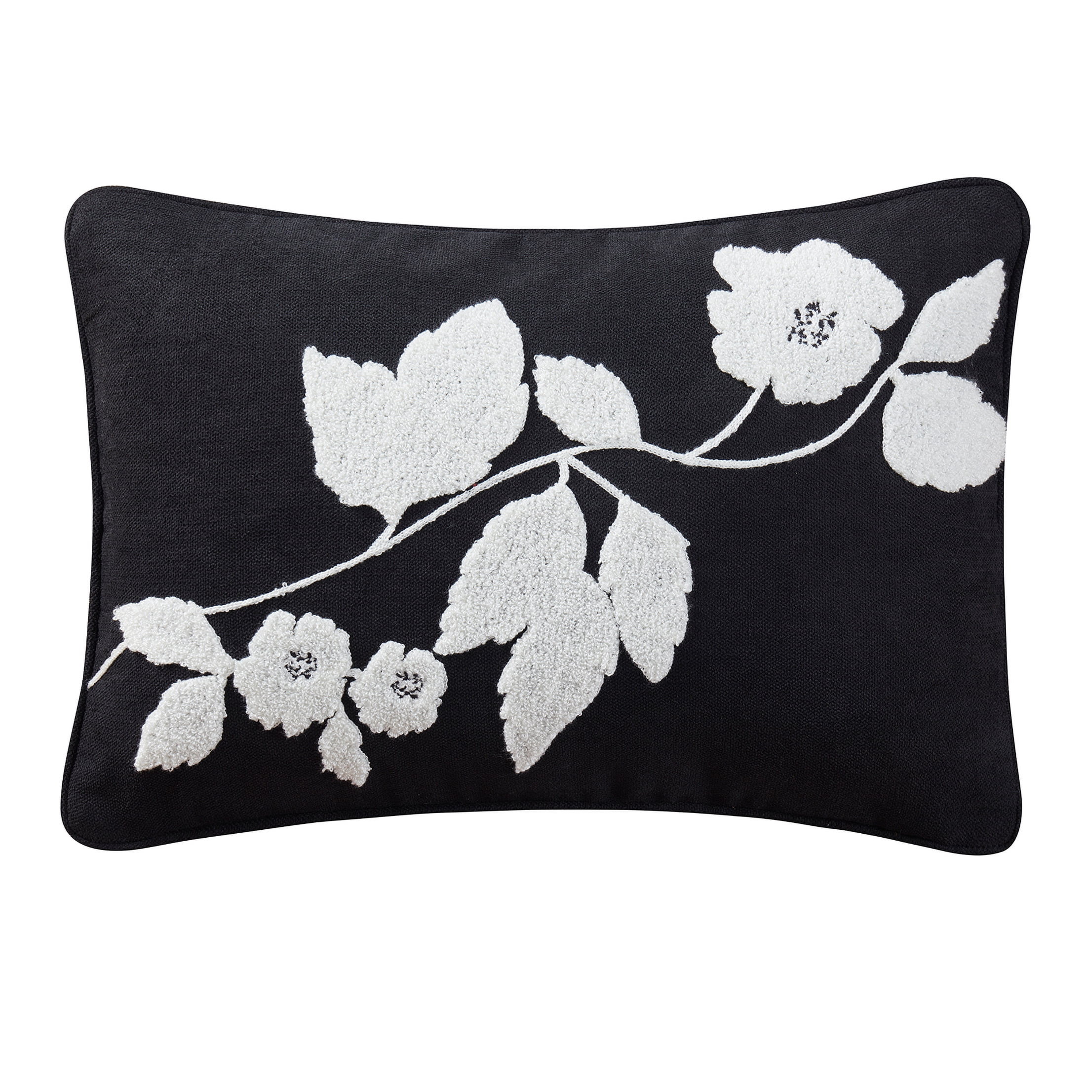 (2 pack) Beautiful Boucle Embroidered Chenille Floral Decorative Pillow by Drew Barrymore, 14" x 20", Black/White