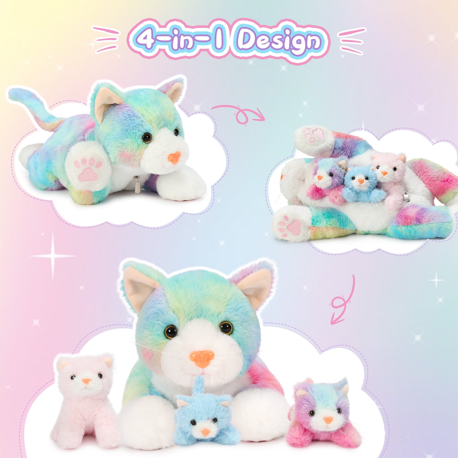 MaoGoLan 4 Piece Cat Stuffed Animals 15.7 inch Mom Plush Cat with 3 Kittens Stuffed in Zipper Pouch Stuffed KittenToys