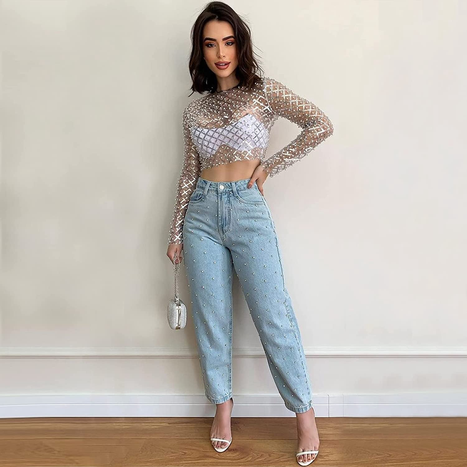 sparkly mesh long sleeve top